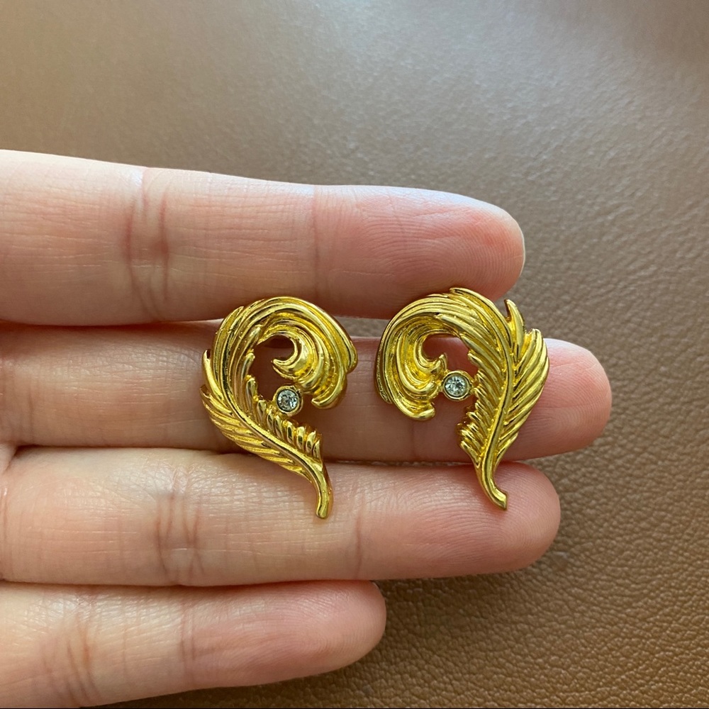 Vintage Feather with Rhinestone Gold Post Stud Earrings